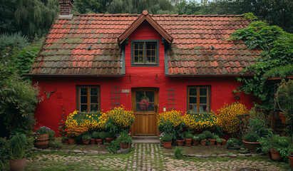 Wall Mural - A red house with a green roof and yellow flowers in pots. The house has a porch with a door and a window