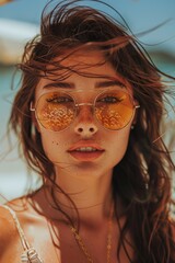 Wall Mural - Summer Breeze: Portrait of a Young Woman with Reflective Sunglasses at the Beach