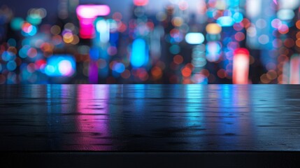 Poster - A dark wooden table with a smooth surface, reflecting a blurred background of colorful lights in a city at night.
