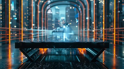 Poster - A wet, metallic bench sits in the foreground of a futuristic cityscape, illuminated by glowing neon lights. Rain falls on the slick surfaces, reflecting the cityscape.