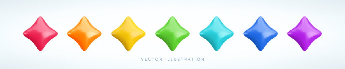 Wall Mural - vector cartoon 3d colorful sparkle star icons set. cute realistic 3d render, glossy metallic red, ye