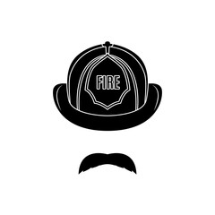 Black and white vector of firefighter helmet with mustache, symbolizing bravery and service.