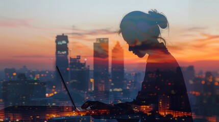 Wall Mural - Silhouette of Woman Working on Laptop with City Skyline at Sunset - A woman's silhouette, working on a laptop, is superimposed over a city skyline. This image conveys themes of ambition, progress