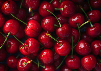 Wall Mural - Close up of a bunch of bright red cherries shot from above.