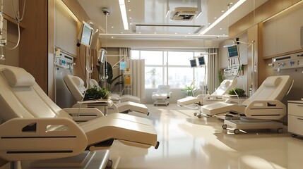 Wall Mural - High-tech hospital infusion therapy room with modern chairs and equipment