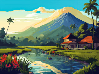 Wall Mural - Nature landscape lake and mountains background, Vector illustration.