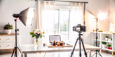 Home Photography Studio Setup. The scene features a table with props, professional lighting, and cameras, highlighting the growing trend of content creation from home.