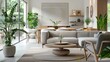 © Lasvu - Gray sofa, wood tables, white chairs, plants in open living-dining space interior.