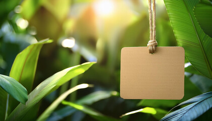 Empty cardboard tag hanging in lush sunlit jungle. Natural blurred backdrop. Mock-up. Close-up.