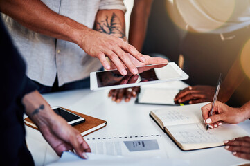 Fototapete - Business people, hands or tablet screen with office documents in social media planning, strategy or creative growth vision. Technology, paper or information of seo, team or client account management