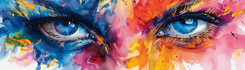 Vibrant watercolor painting of piercing blue eyes with splashes of red, yellow, and blue, creating an intense and captivating visual effect.