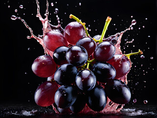 Bunch of black grapes with water splashes on black background.