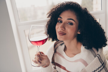 Poster - Photo portrait of attractive young woman armchair hold wine glass alcohol dressed casual clothes cozy day light home interior living room