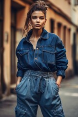 Wall Mural - A stylish woman in a chic blue denim outfit exudes confidence and modern style on the city street