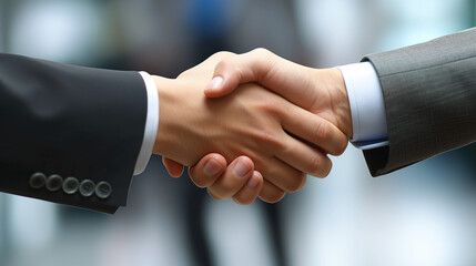 Close-up of two hands in a firm handshake, with blurred office background