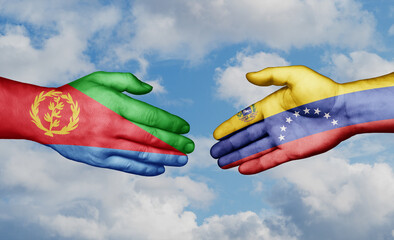 Venezuela and Eritrea country handshaking with flags, consensus concept international co-operation illustration