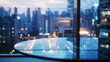 © Lull - Cityscape view from high-rise balcony. A panoramic view of a city skyline at twilight, seen through a glass table on a high-rise balcony.