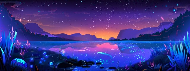 Wall Mural - A glowing lake reflecting a starry sky, with bioluminescent plants along its shores.