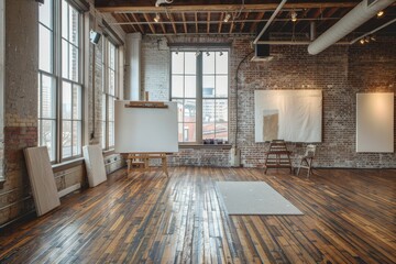 Wall Mural - Interior of a modern loft office with brick walls and wooden floor