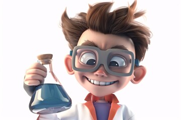 Smiling 3D Cartoon Scientist Character Holding Beaker and Wearing Safety Goggles on White Background High Resolution 