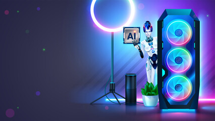 Fototapete - Gaming pc with AI chip. Desktop gaming computer with neon light on desk. GPU or CPU with AI or Artificial Intelligence chip. Robot woman with AI chip in hand it looks out of computer system unit.