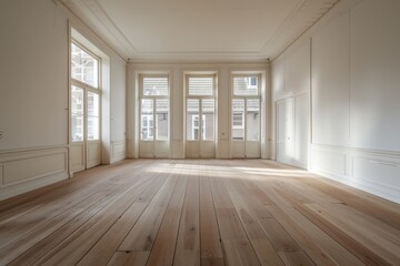 Wall Mural - Empty room with white walls and wooden floor.