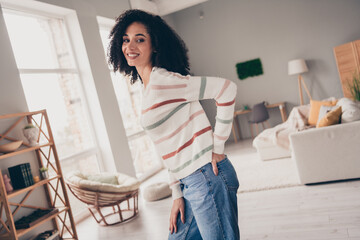 Sticker - Photo of shiny good mood lady dressed striped pullover smiling indoors apartment room