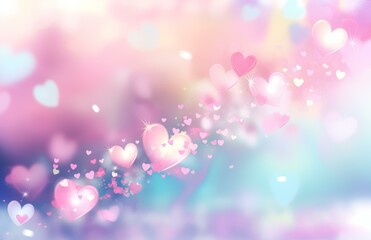 Wall Mural - The image shows a light pink background with many blurred hearts and light effects.