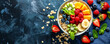 © alexandre - top view Muesli with fruits served in bowl on plain background with space for text.