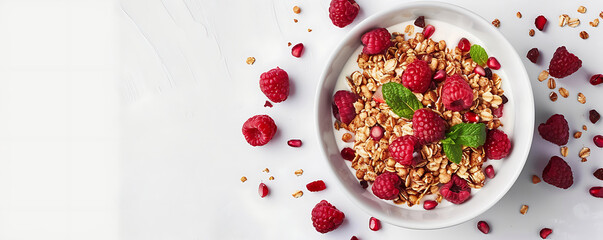 Wall Mural - top view Muesli with fruits served in bowl on plain background with space for text.