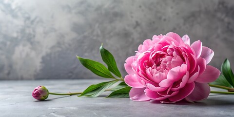 Sticker - Pink Peony Bloom with Petals and Leaves on Light Grey Background Copy space Generative AI