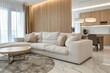 © Gasi - Elegant beige living room featuring wooden accents, plush sofa with pillows, cozy armchair, round carpet, stylish dining set, modern appliances, and spacious marble flooring.