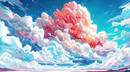 Sticker -   A stunning painting captures clouds drifting across a serene water body against a vibrant red-and-blue sky backdrop