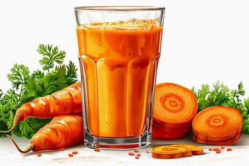 A glass of freshly made carrot juice, vitaminrich drink, vector art, isolated on white background