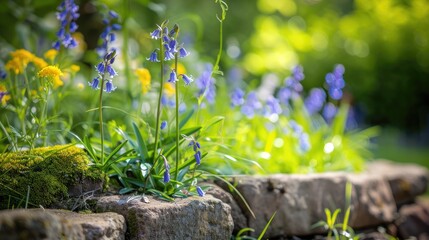 Poster - Close up of bluebell flowers in a summer garden on a sunny day