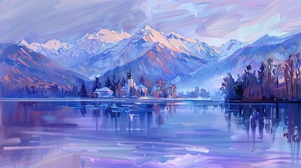 Canvas Print -   A church stands tall at the center of a serene mountain lake, mirrored by another church on its opposite shore