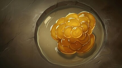 Sticker -   Gold coins in a bowl, resting atop a brown tablecloth