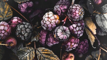 Poster -   Frozen Raspberries on a Leafy Plant.. A few clusters of raspberries sit atop a lush foliage, blanketed in snow