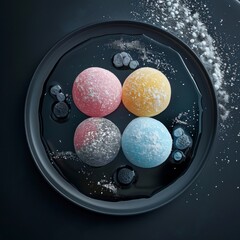 Sticker - Colorful mochi ice cream dessert on a dark plate. Close-up of four mochi balls in various colors garnished with powdered sugar and berries. Vibrant and delightful food photography. AI