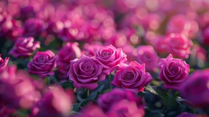 Canvas Print - A vibrant field of pink roses in full bloom. Beautiful and fresh garden with a bokeh background. Perfect for floral enthusiasts and nature lovers.