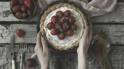 Sticker -   A person holds a pie with strawberries on top next to a table with utensils