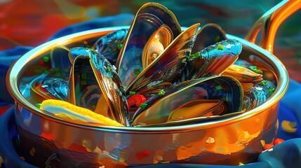 Sticker -   A blue-cloth-covered table holds a metal bowl filled with mussels