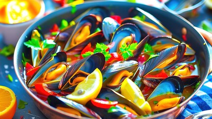 Poster -   A bowl of mussels sits on a table, accompanied by a sliced lemon and a glass filled with orange wedges