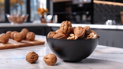 Canvas Print -   Black bowl holds walnuts on marble counter, alongside cutting board