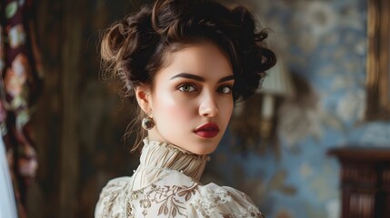 Wall Mural - Woman with Vintage Style: A woman dressed in vintage clothing, her hair and makeup reflecting a bygone era.
