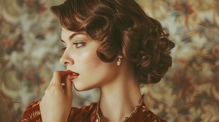 Wall Mural - Woman with Vintage Style: A woman dressed in vintage clothing, her hair and makeup reflecting a bygone era.
