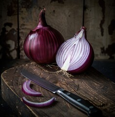 Wall Mural -   A knife next to an onion on a cutting board, or an onion next to a knife on a cutting board