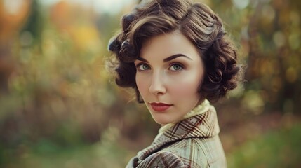 Wall Mural - Woman with Vintage Style: A woman dressed in vintage clothing, her hair and makeup reflecting a bygone era.
