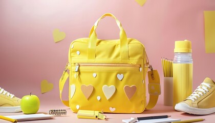 Soft pink base featuring an elegant yellow bag with heart motifs and accessories.