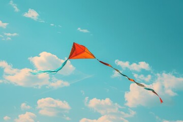 A kite is flying high in the sky, with a blue tail trailing behind it